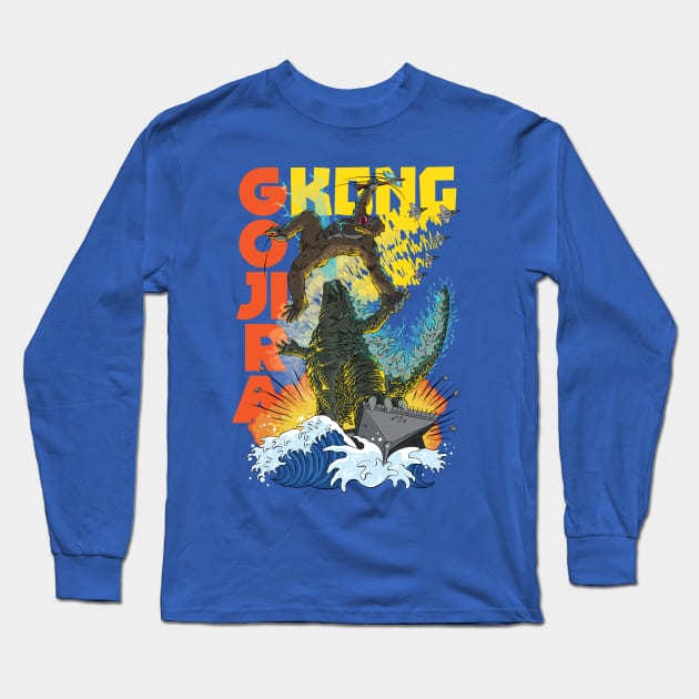 Gojira & Kong on the ocean Long Sleeve T-Shirt by foozledesign